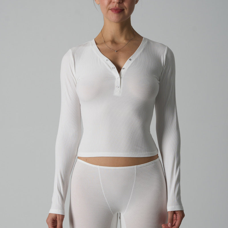 Modal Ribbed Henley Long Sleeve Top