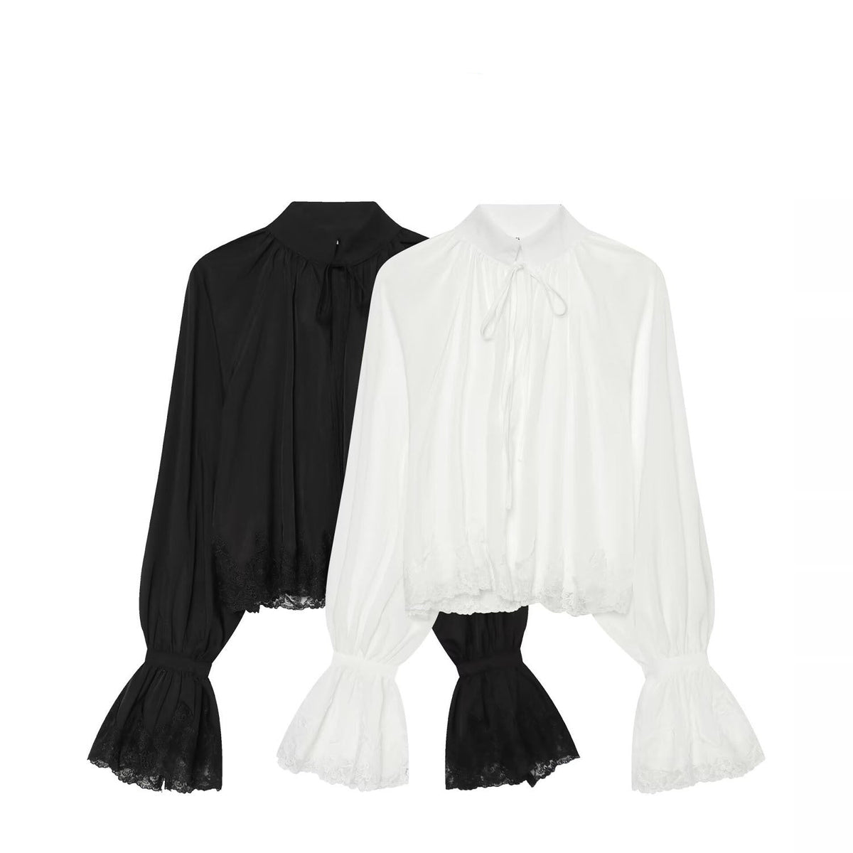 Two long-sleeve blouse tops by Negative Apparel, one black and one white, featuring high necklines, sheer puff sleeves, and ruffled bell cuffs, displayed on a white background.