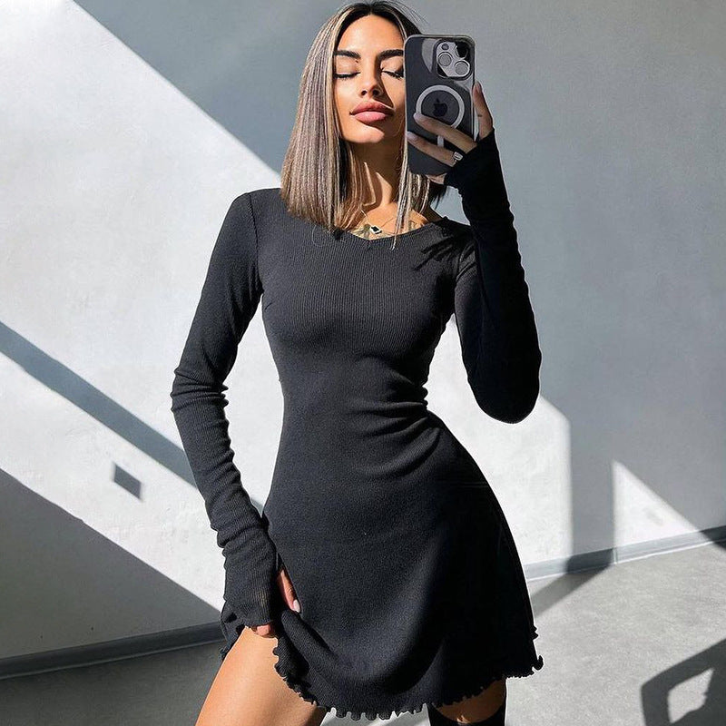 The Back Strap Elegance | Women's Back-Strap Waist Long-Sleeve Mini Dress
