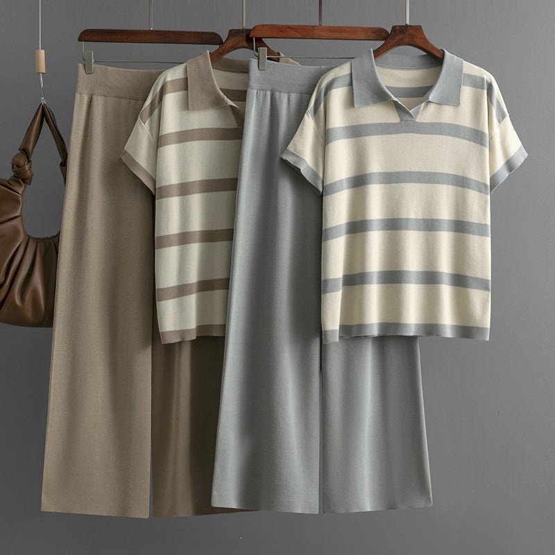 Striped Polo Collar Top and Wide Leg Set