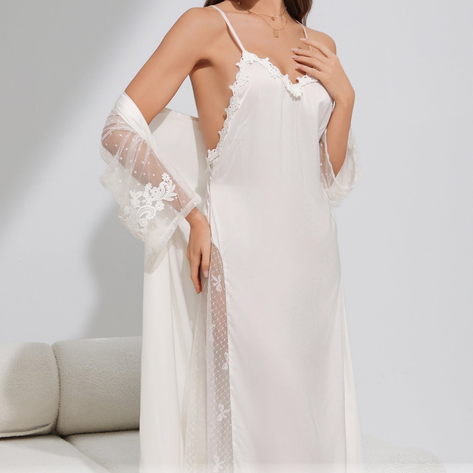The Satin Serenity | White Satin Strap Slip Dress & Long Robe Two-Piece Set