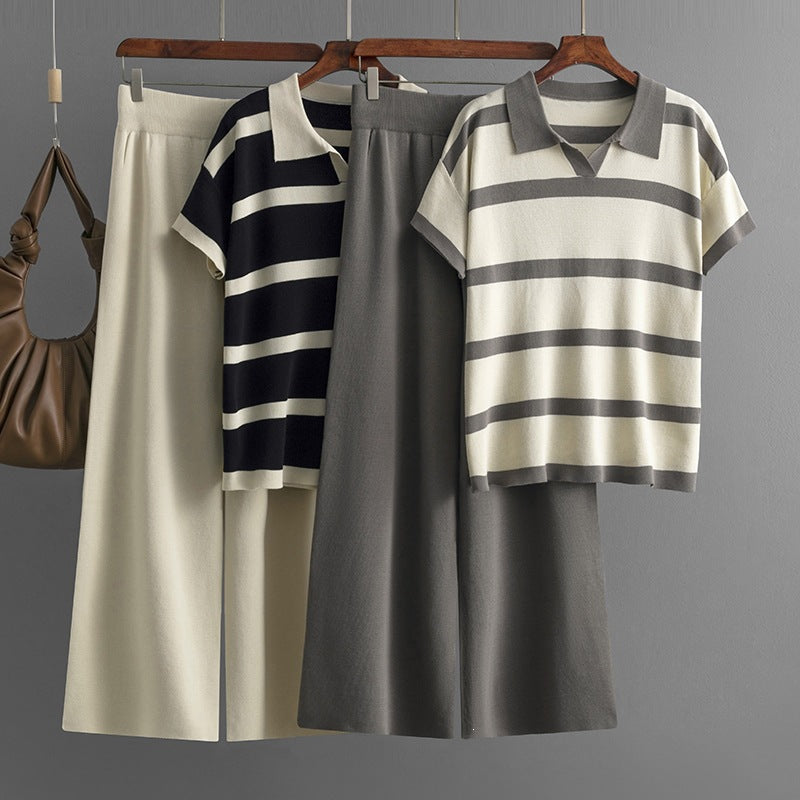 Striped Polo Collar Top and Wide Leg Set