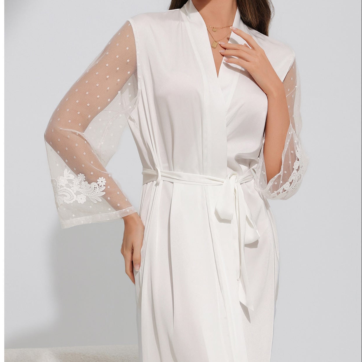 The Satin Serenity | White Satin Strap Slip Dress & Long Robe Two-Piece Set