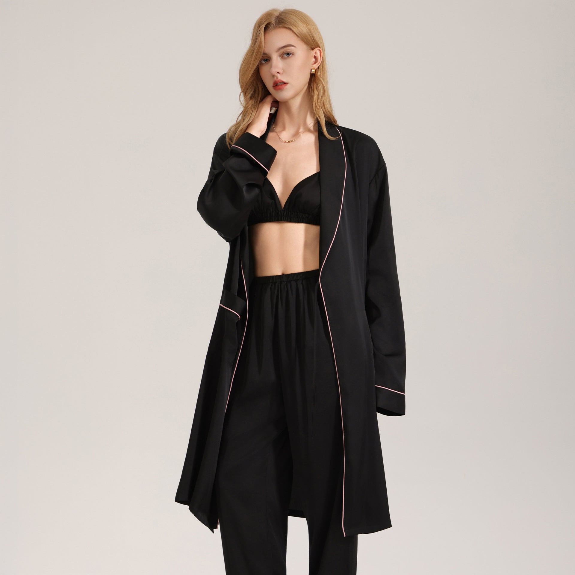 The Satin Elegance | Black Satin Three-Piece Sleep Set (Robe, Cami & Long Pants)