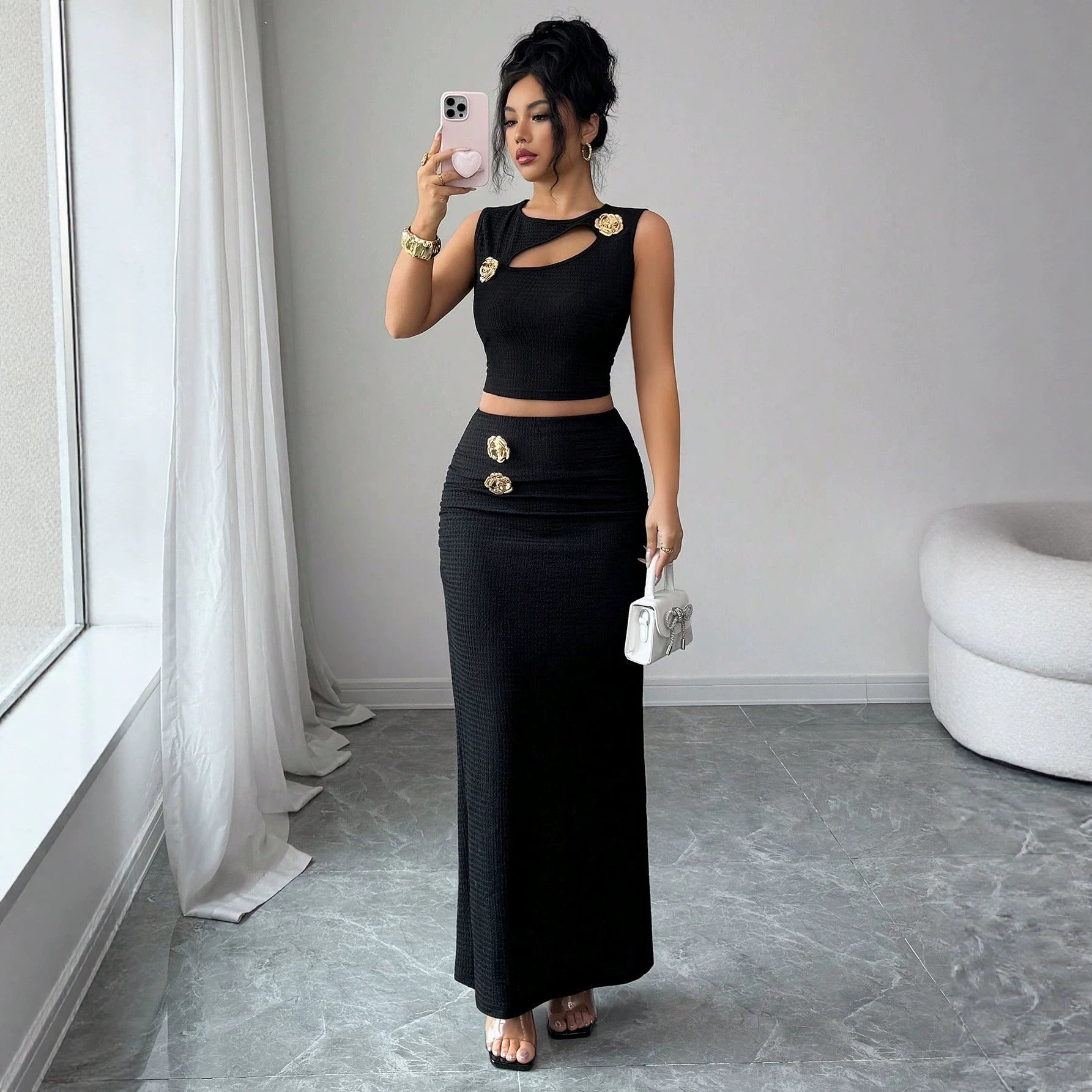 Cut Out Vest and Maxi Skirt Set
