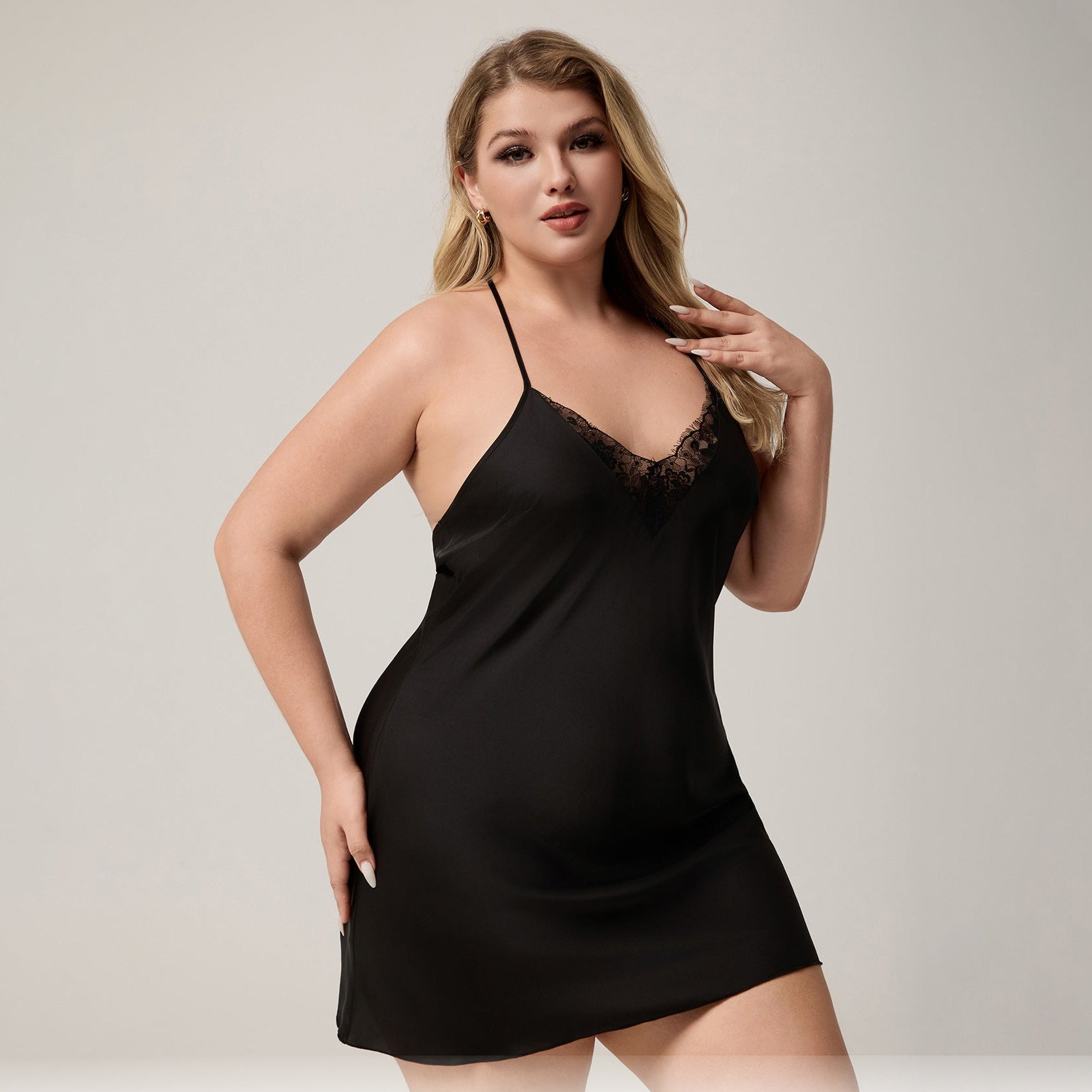 The Lace Seduction | Black Lace Satin Strap Mini Sleep Dress