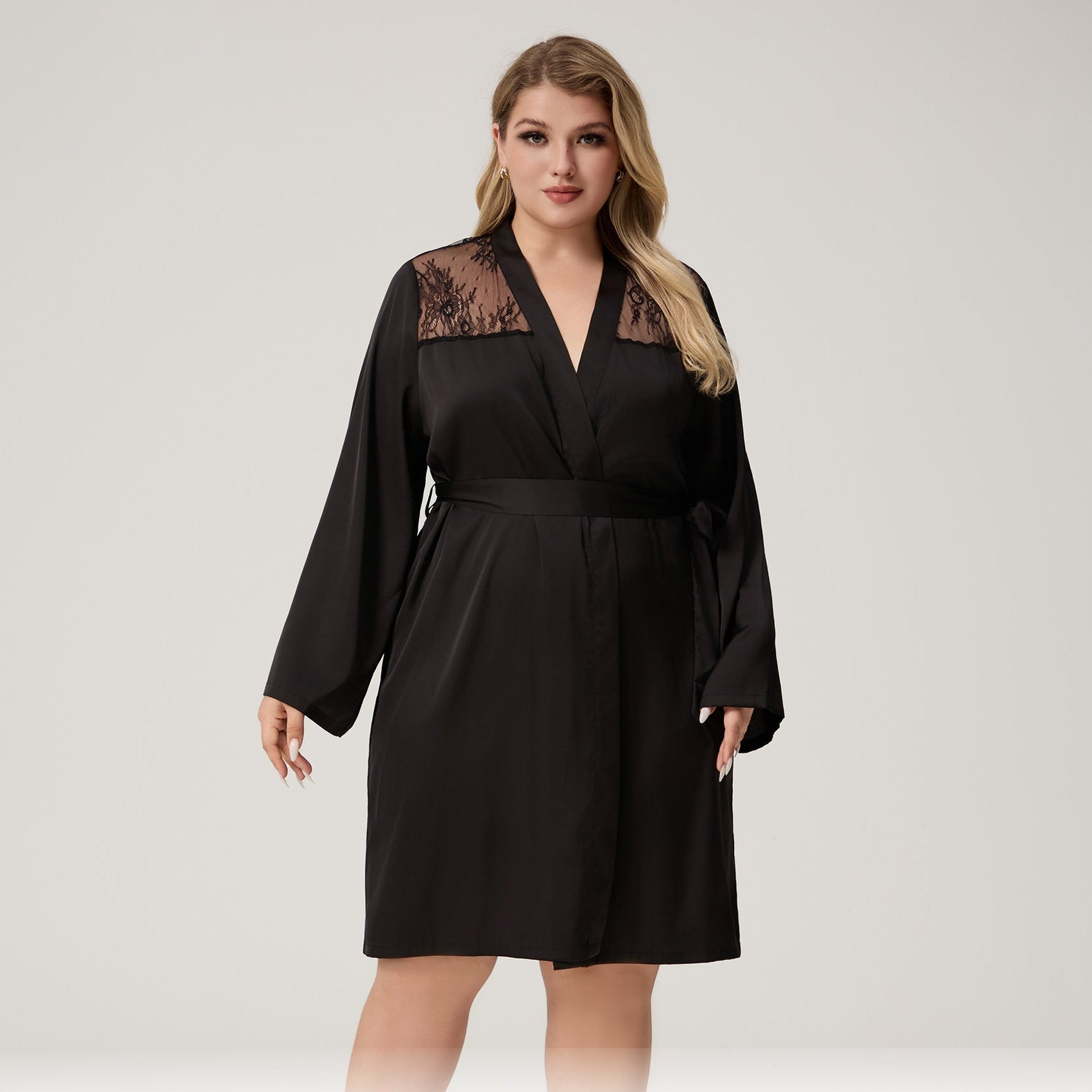 The Lace Seduction | Solid Black Satin Lace Short Robe