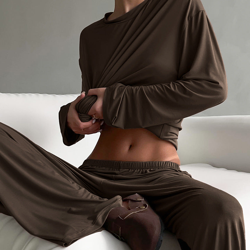 The Modal Comfort | Solid Color Round-Neck Long-Sleeve Top & Pants Pajama Set