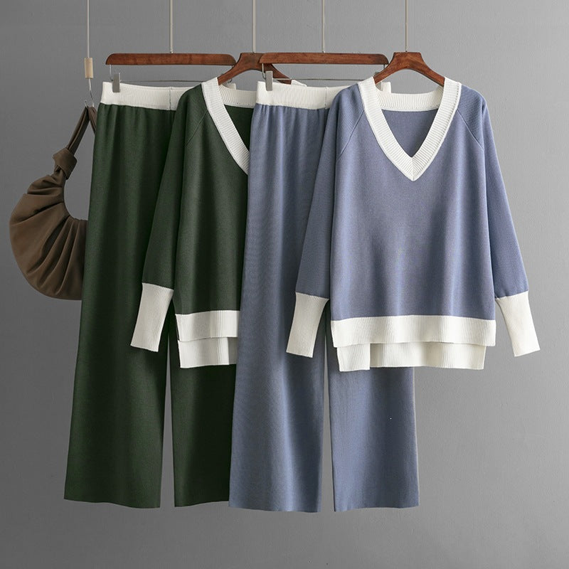 V Neck Contrast Knit and Wide Leg Set