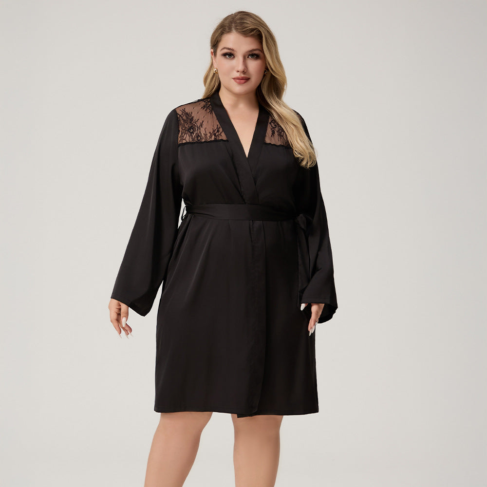 The Lace Seduction | Black Satin Lace Short Robe