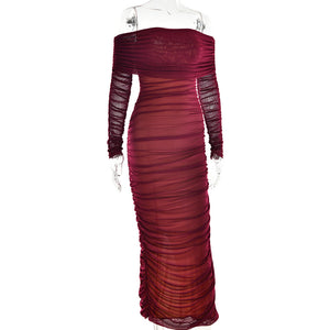 Mesh one - shoulder pleated dress women's slim long - sleeved hip - wrapped long dress - Negative Apparel
