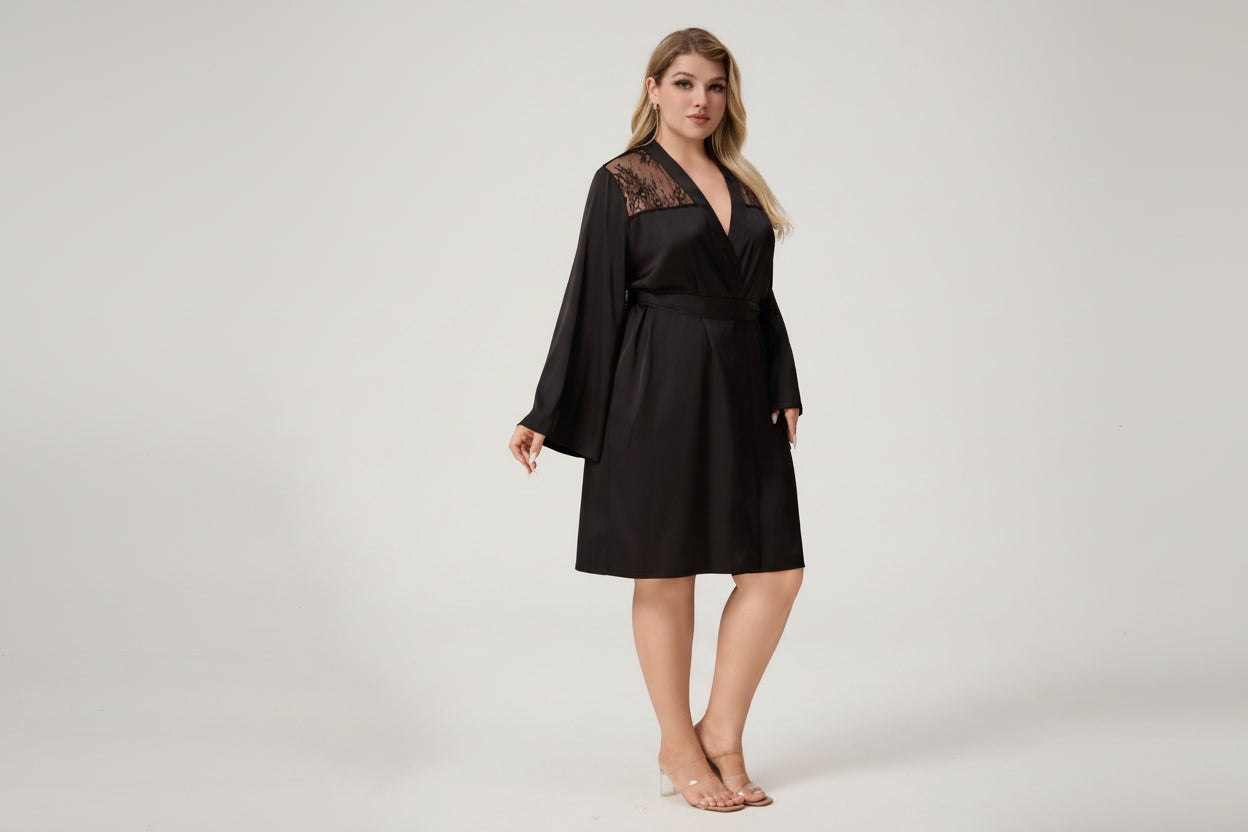 The Lace Seduction | Solid Black Satin Lace Short Robe