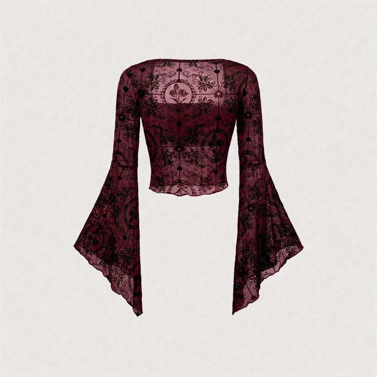 Flocked Floral Mesh Flare Sleeve Top