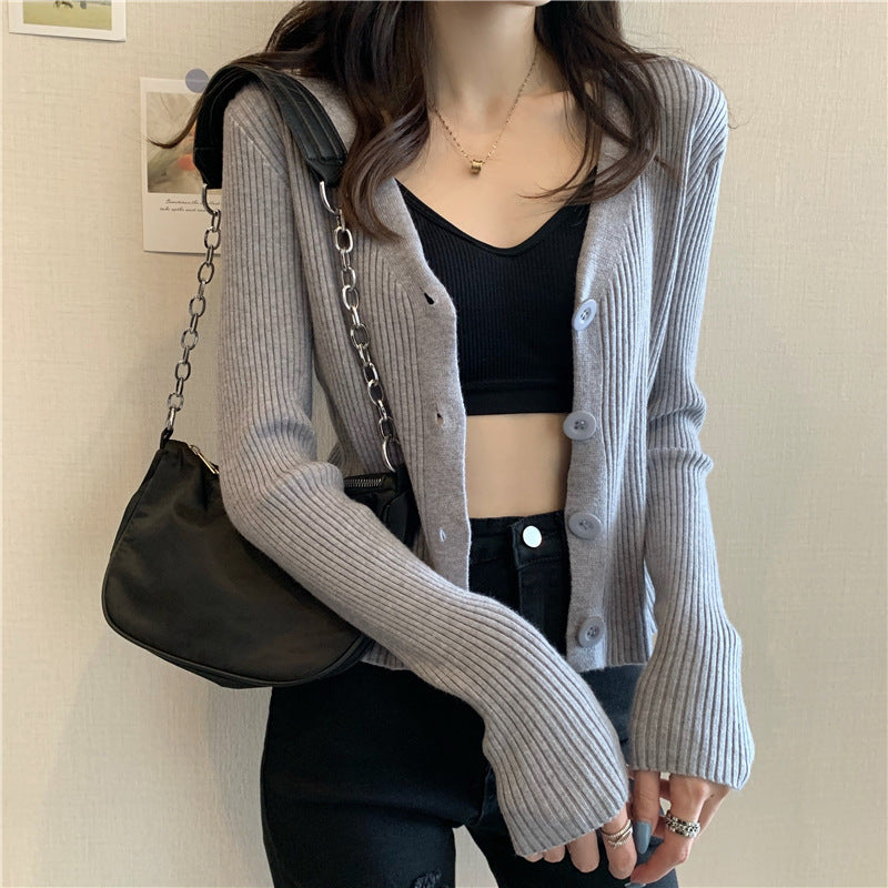 Slim Cropped V Neck Knit Cardigan