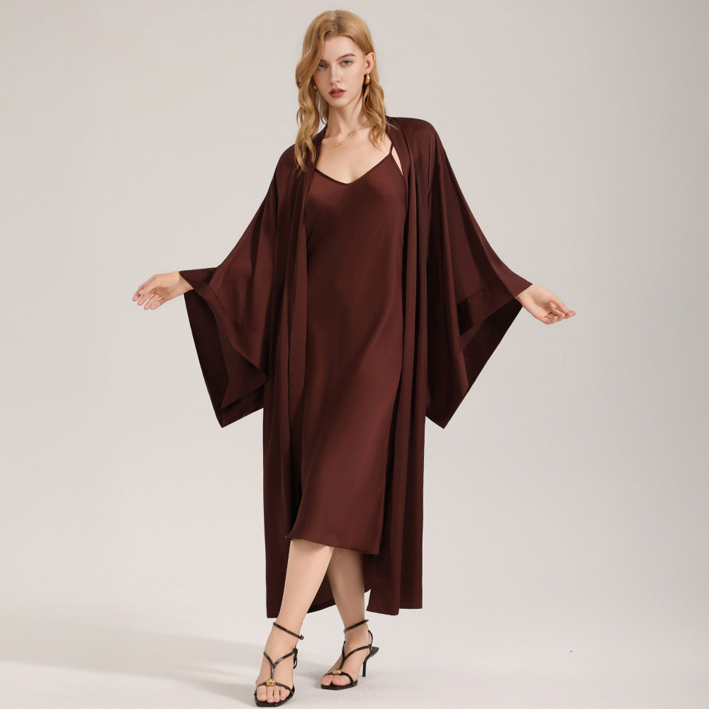 The Satin Serenity | Solid Color Satin Slip Dress & Long Robe Two-Piece Set