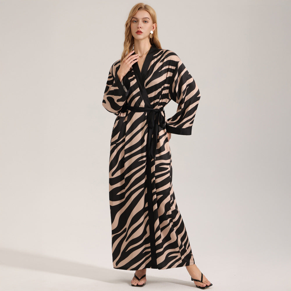 The Zebra Silk | Zebra Print One-Shoulder Long-Sleeve Satin Maxi Robe
