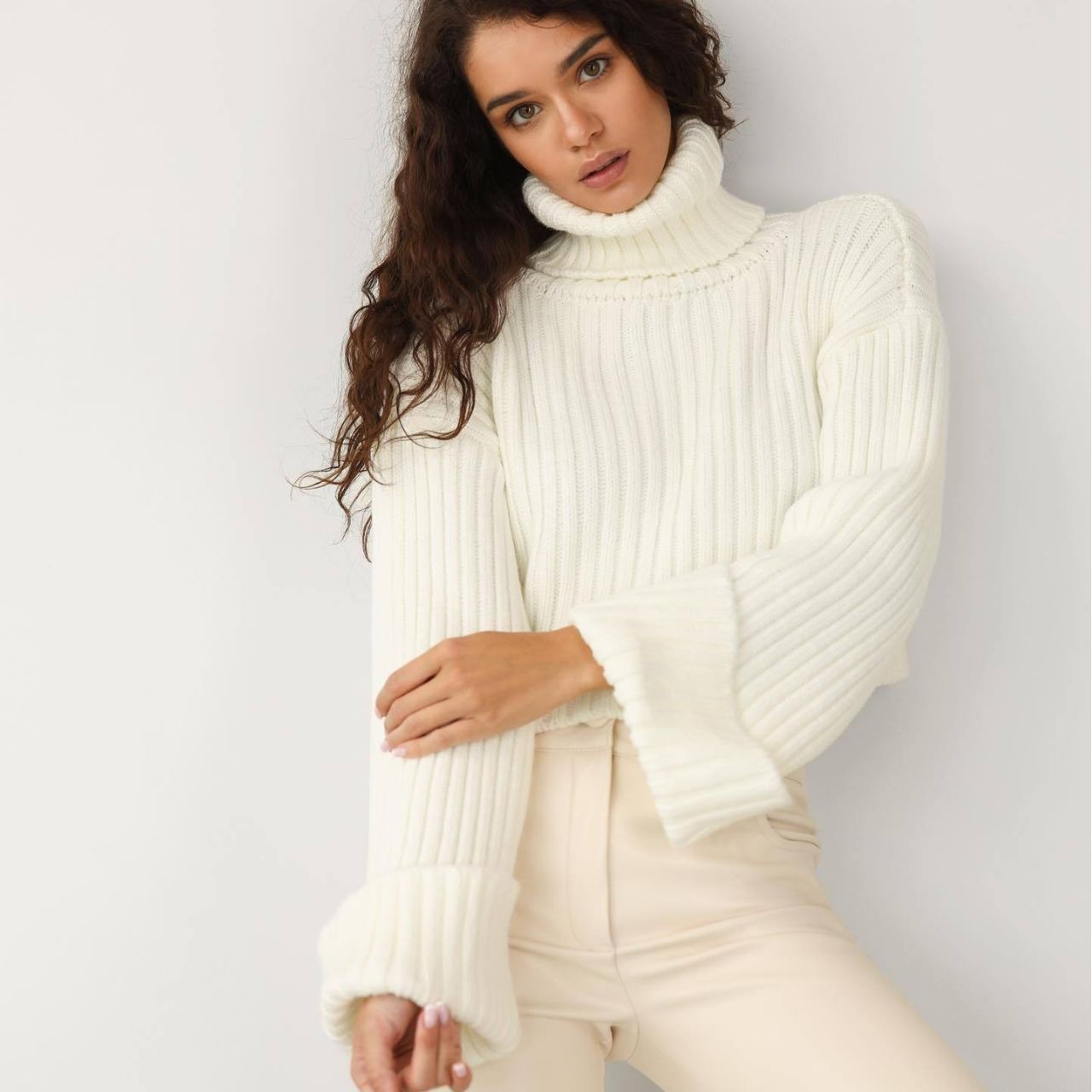 The Edgy Crop | Women's High Neck Horn Sleeve Knit Sweater