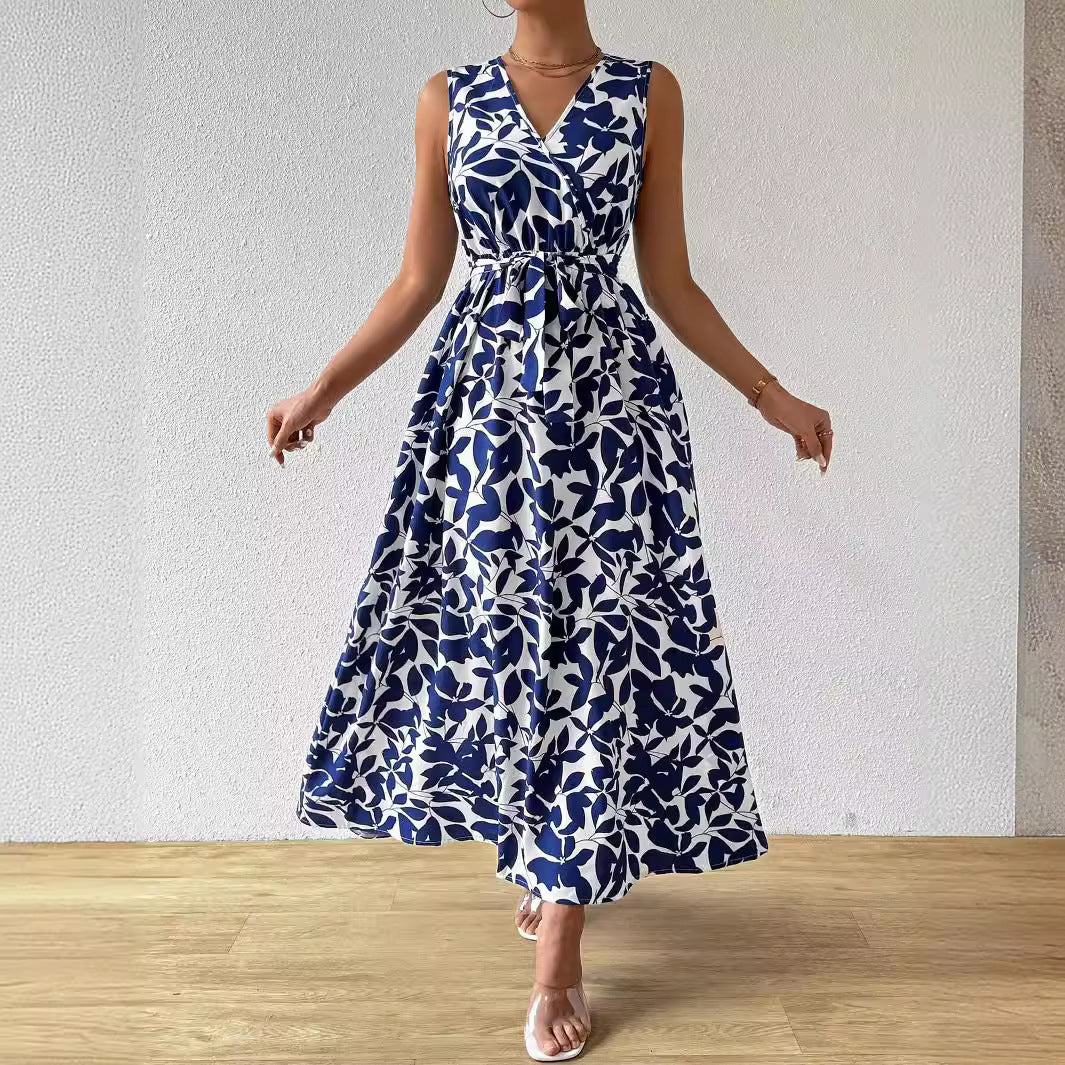 French holiday style printed V-neck lace-up super long dress
