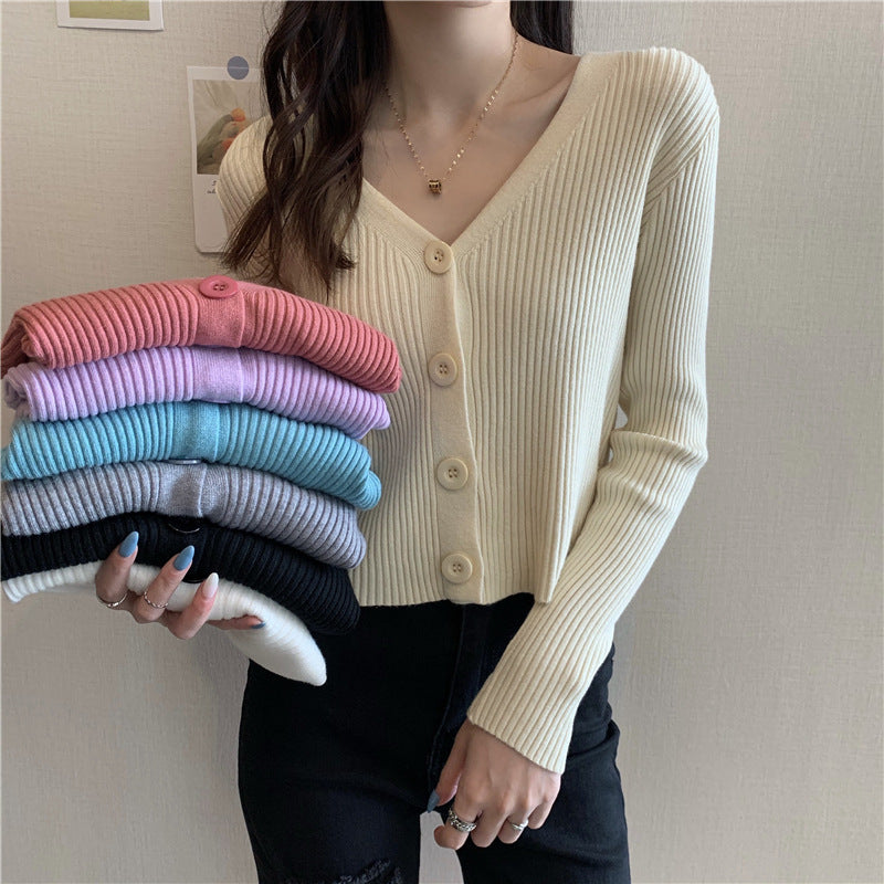Slim Cropped V Neck Knit Cardigan