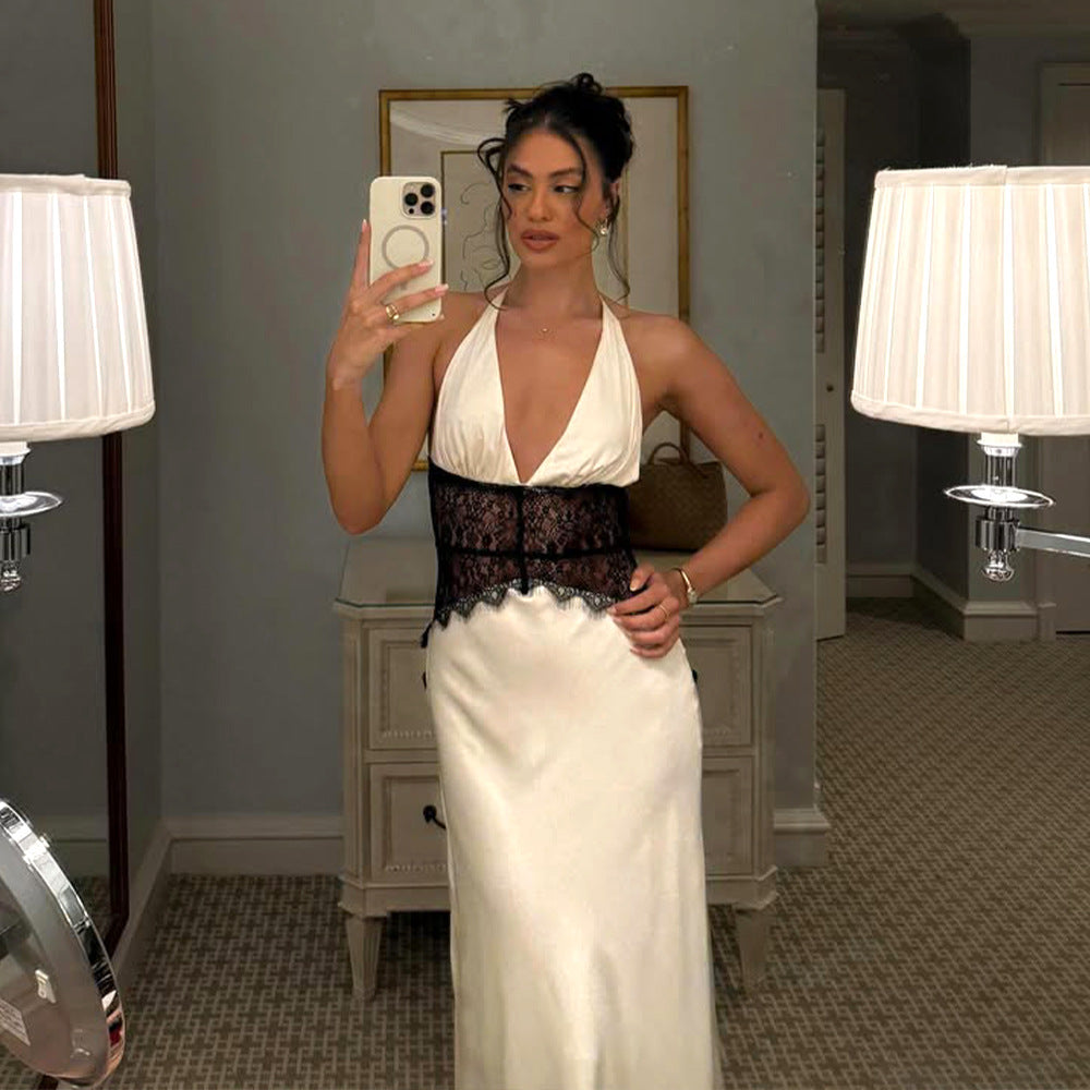 Satin Halter Maxi Dress with Lace