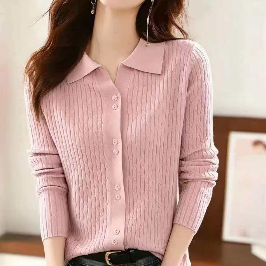 Polo Collar Button Front Knit Cardigan