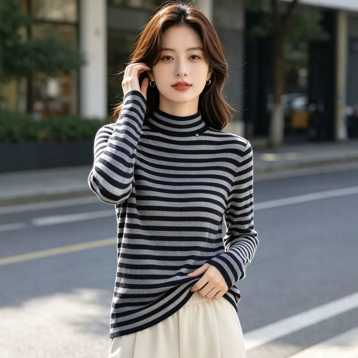 Velvet Touch Striped Mock Neck Top