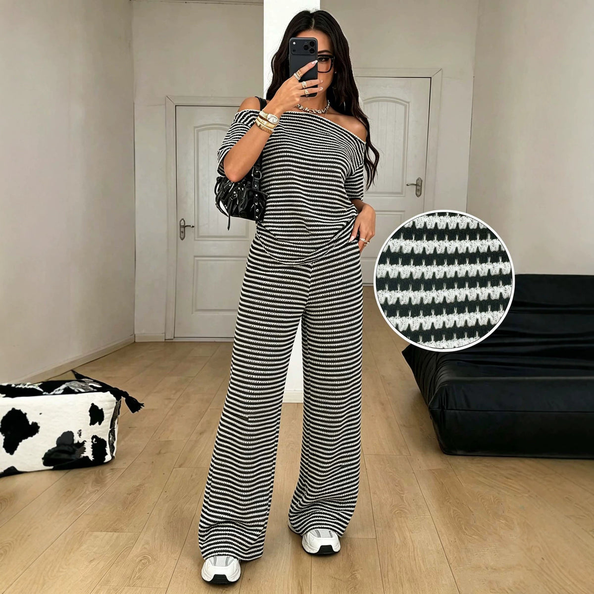 Striped One Shoulder Top and Wide Leg Set