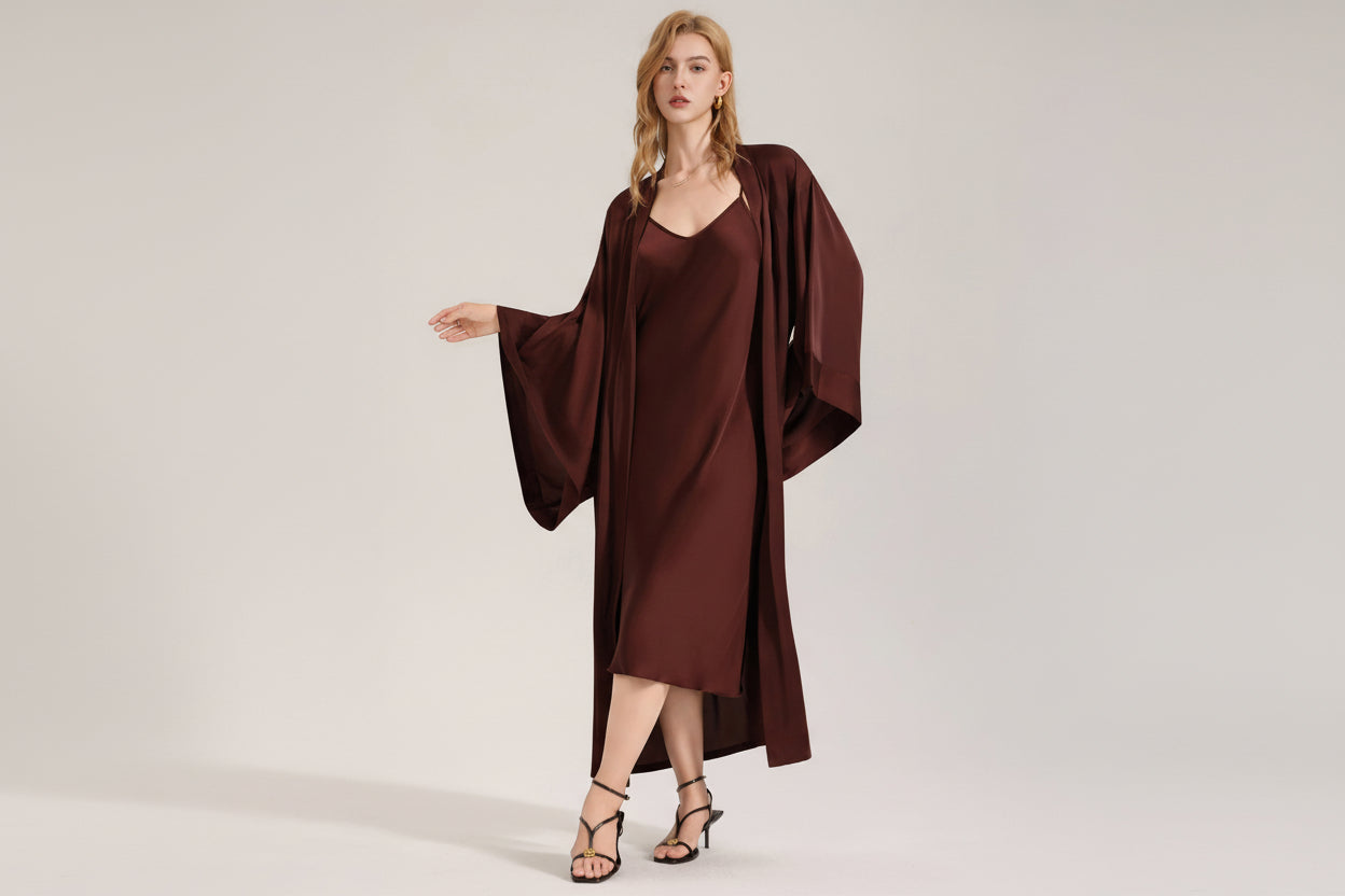 The Satin Serenity | Solid Color Satin Slip Dress & Long Robe Two-Piece Set