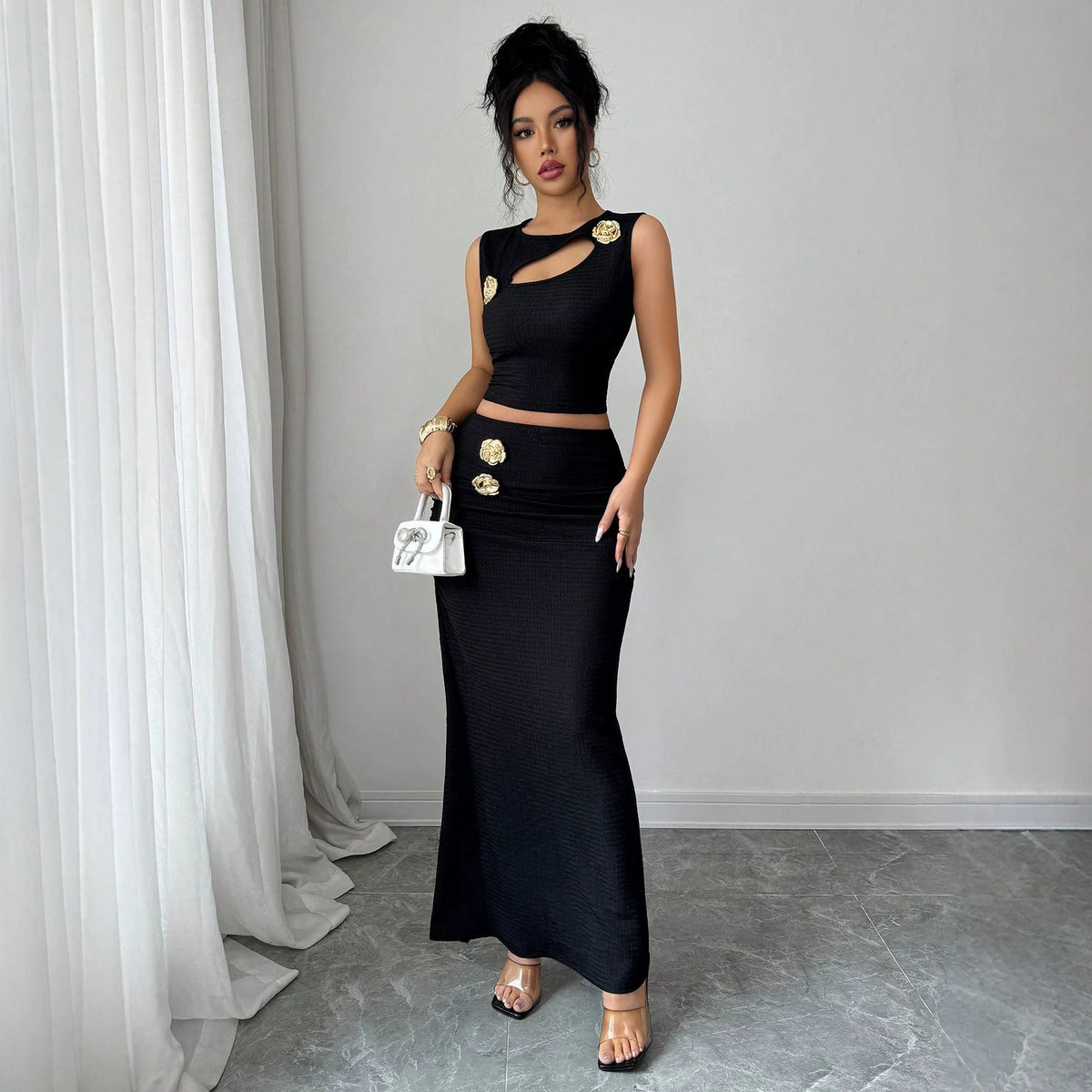 Cut Out Vest and Maxi Skirt Set