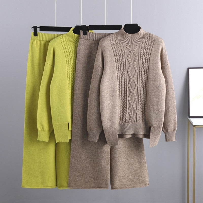Thick Turtleneck Knit and Wide Leg Set