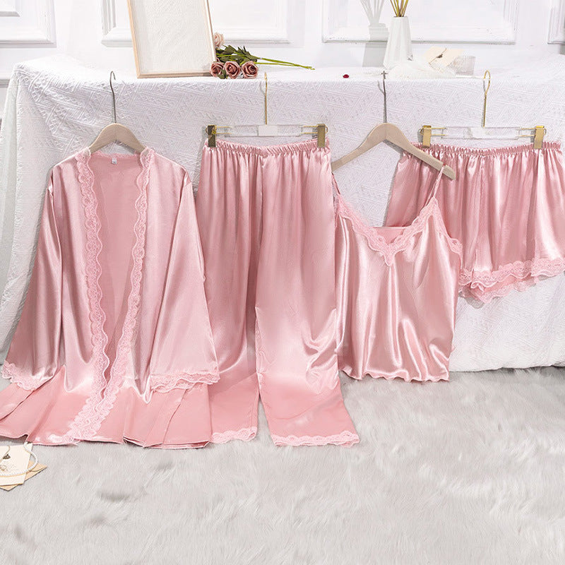 Silk Tempt | Lace Suspender Four-Piece Pajama Set Pink