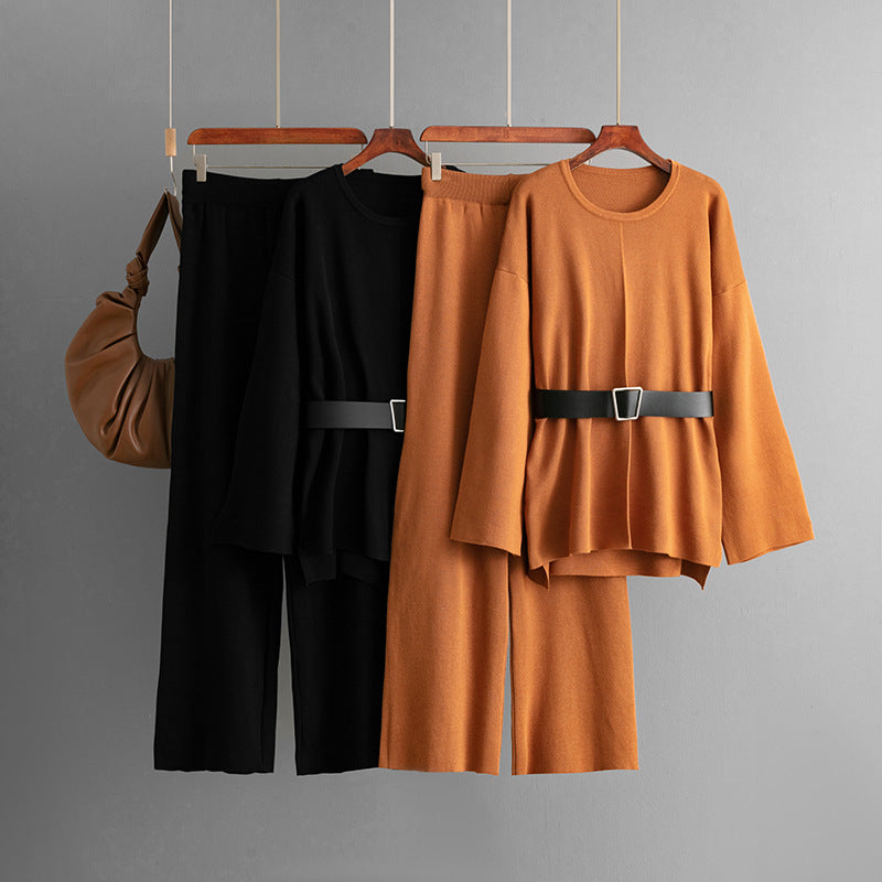 New knitted belt top loose high-waisted wide-leg pants two-piece set