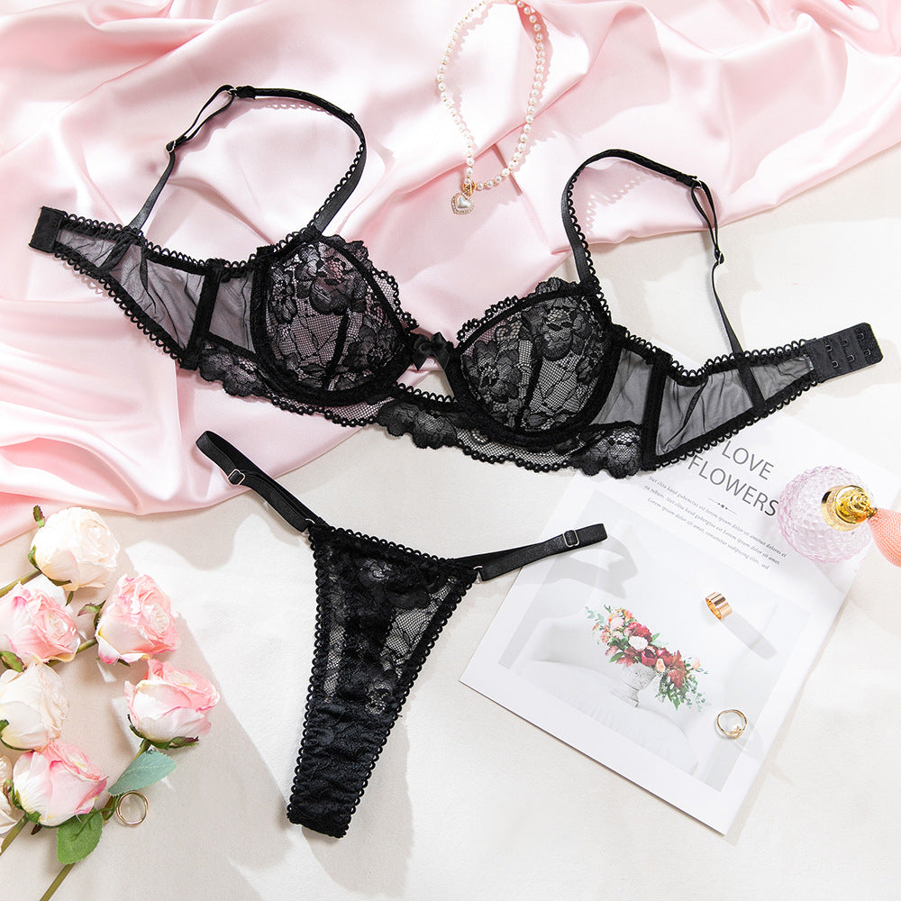 Black Lace Cut Out Bra and Thong Set