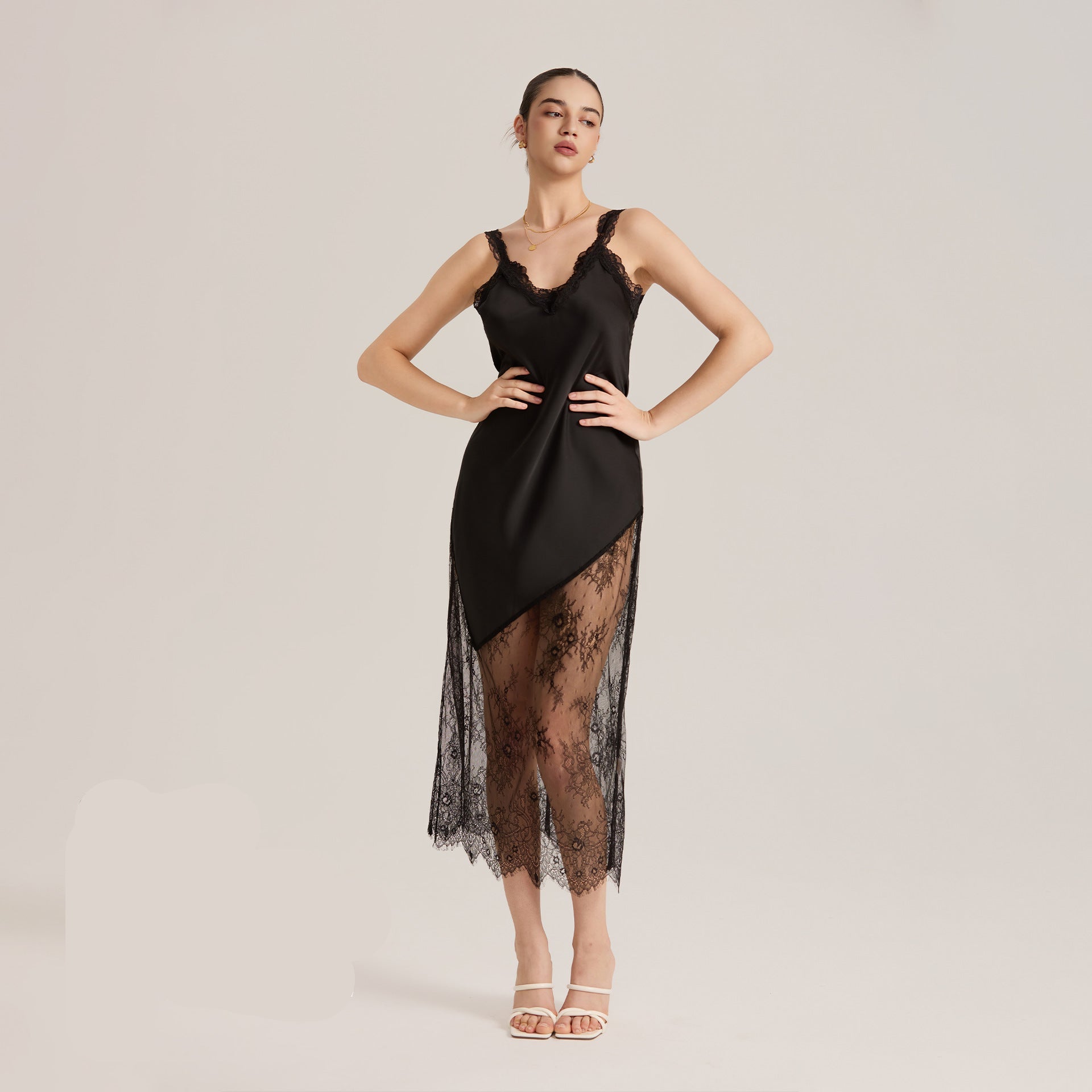 The Sheer Seduction | Black Lace Patchwork Asymmetrical Hem Satin Maxi Slip Sleep Dress
