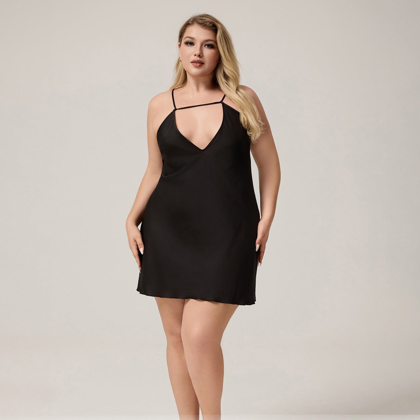 The Ice Silk Temptation | Black Strap V-Neck Mini Sleep Dress