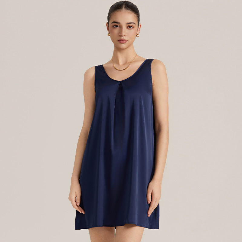 The Satin Allure | Solid Color V-Neck Sleeveless Satin Midi Sleep Dress