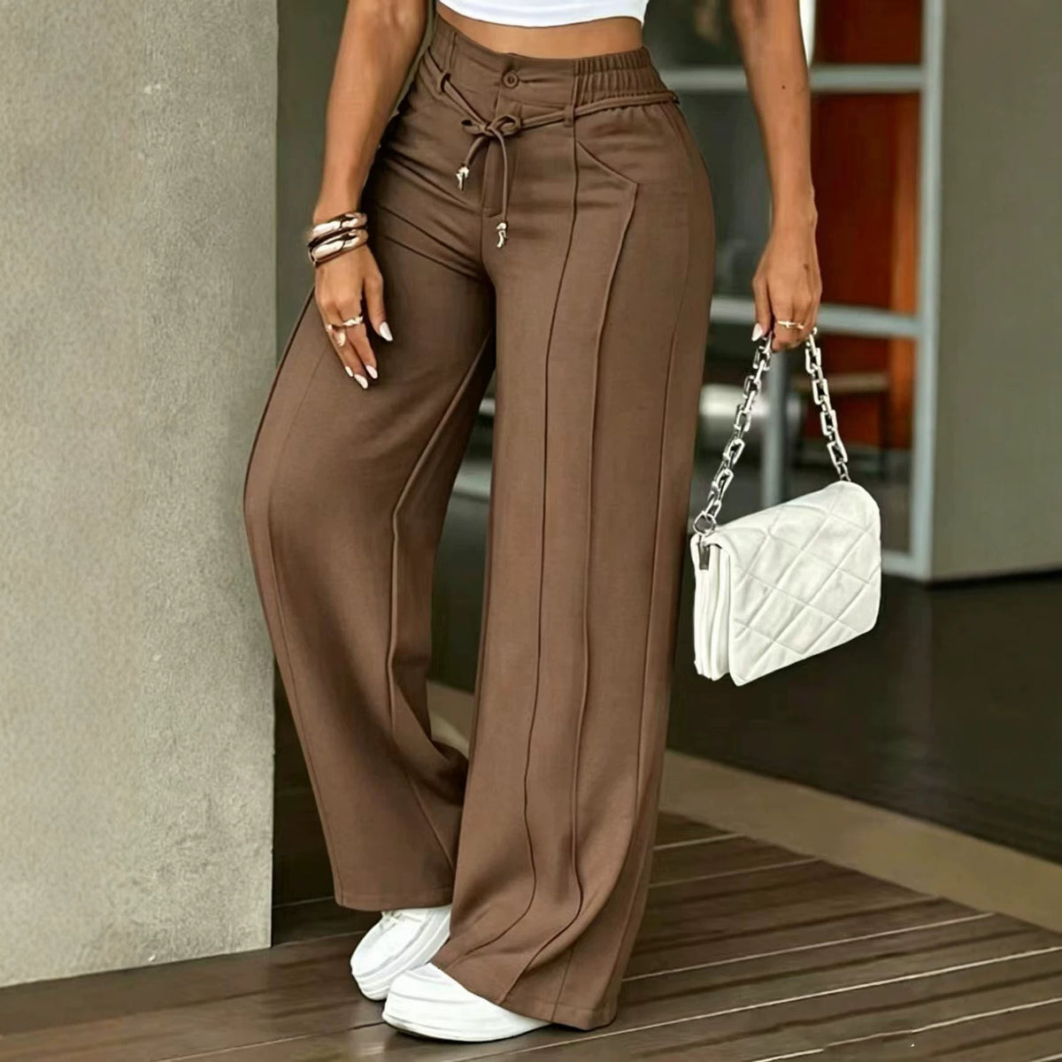 Drawstring Wide Leg Floor Length Trousers