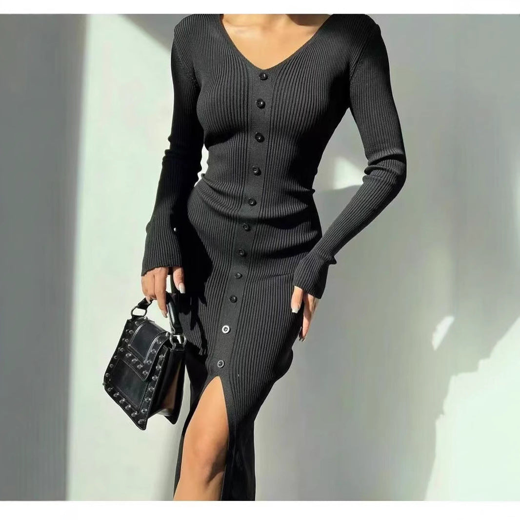 V-Neck Split Hem Knit Dress