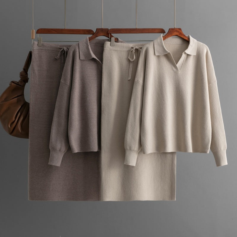 Polo Collar Knit Top and Midi Skirt Set