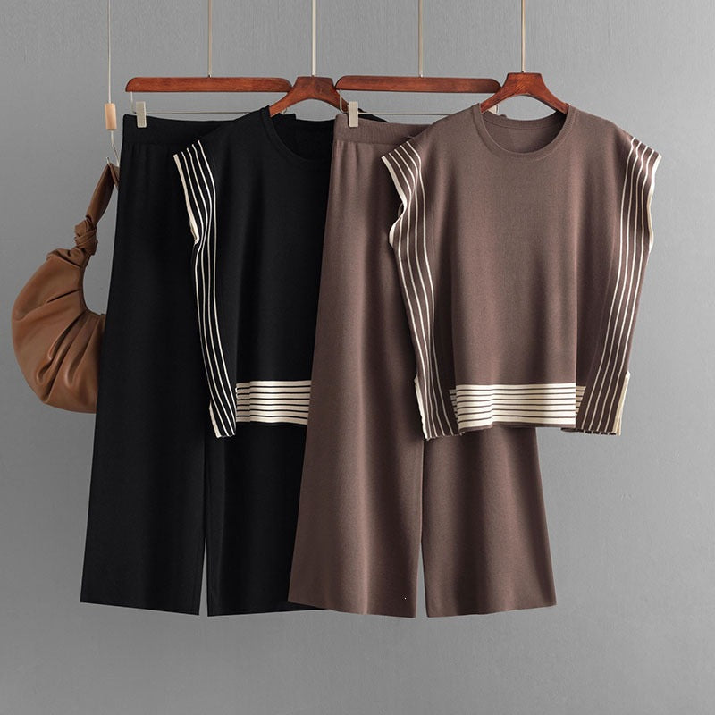 Striped Panel Top and Wide Leg Trouser Set
