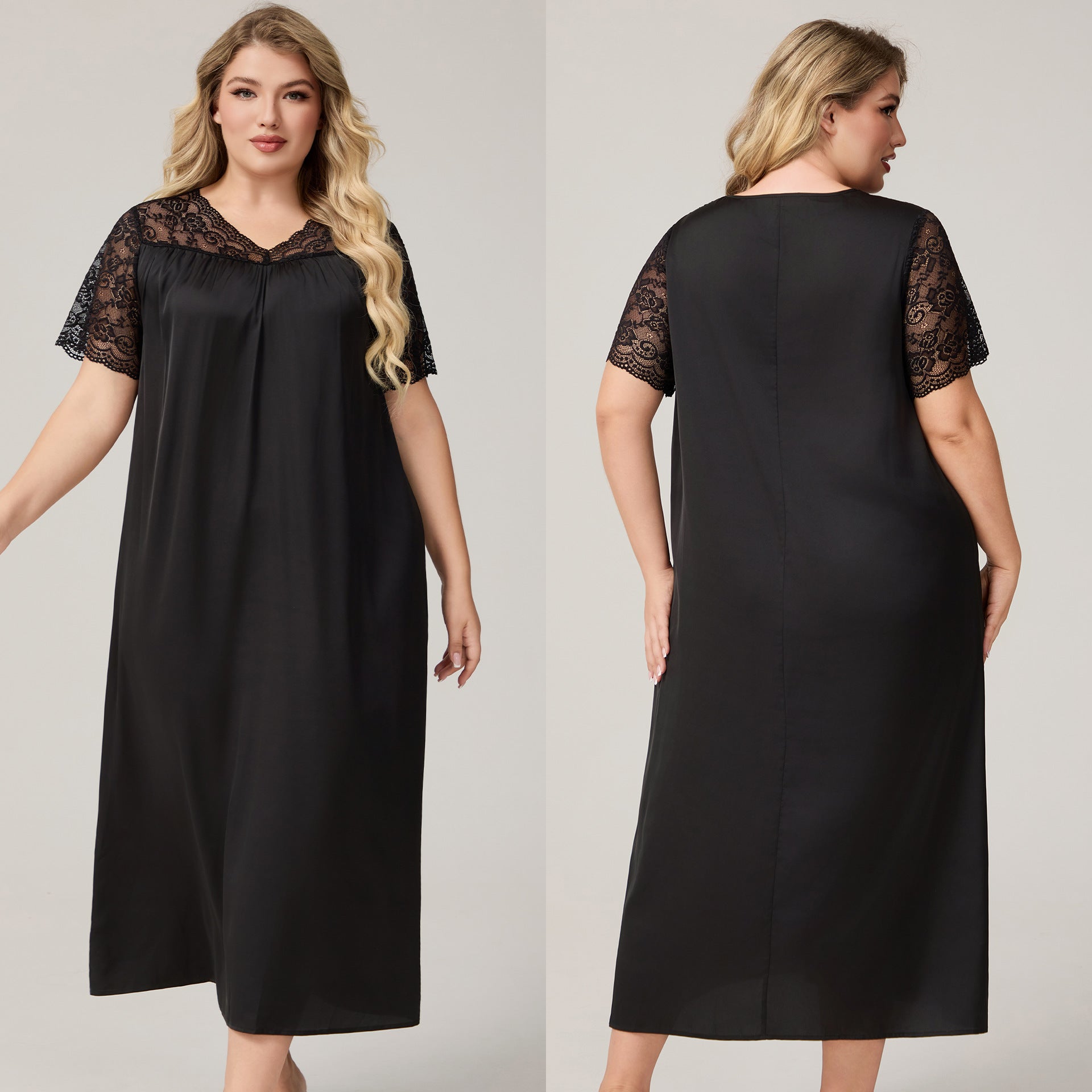 The Satin Flow | Solid Color V-Neck Short-Sleeve Maxi Sleep Dress
