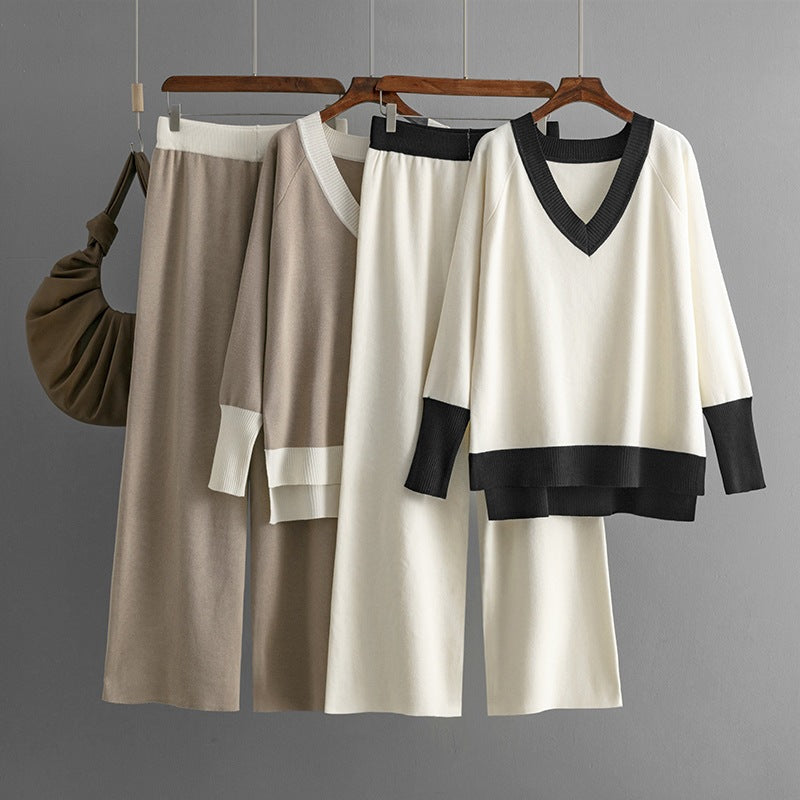 V Neck Contrast Knit and Wide Leg Set