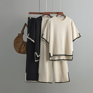 Contrast color split short - sleeved sweater + high waist slim wide leg pants two - piece suit - Negative Apparel
