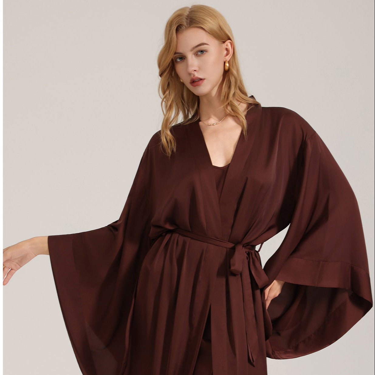 The Satin Serenity | Solid Coffee V-Neck Long-Sleeve Maxi Robe