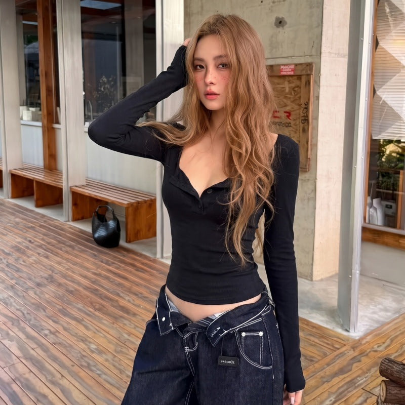 Square Neck Button Long Sleeve Top