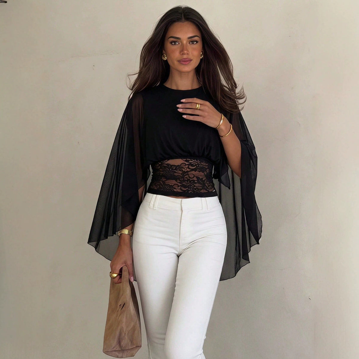 Mesh Cape Sleeve Lace Panel Top