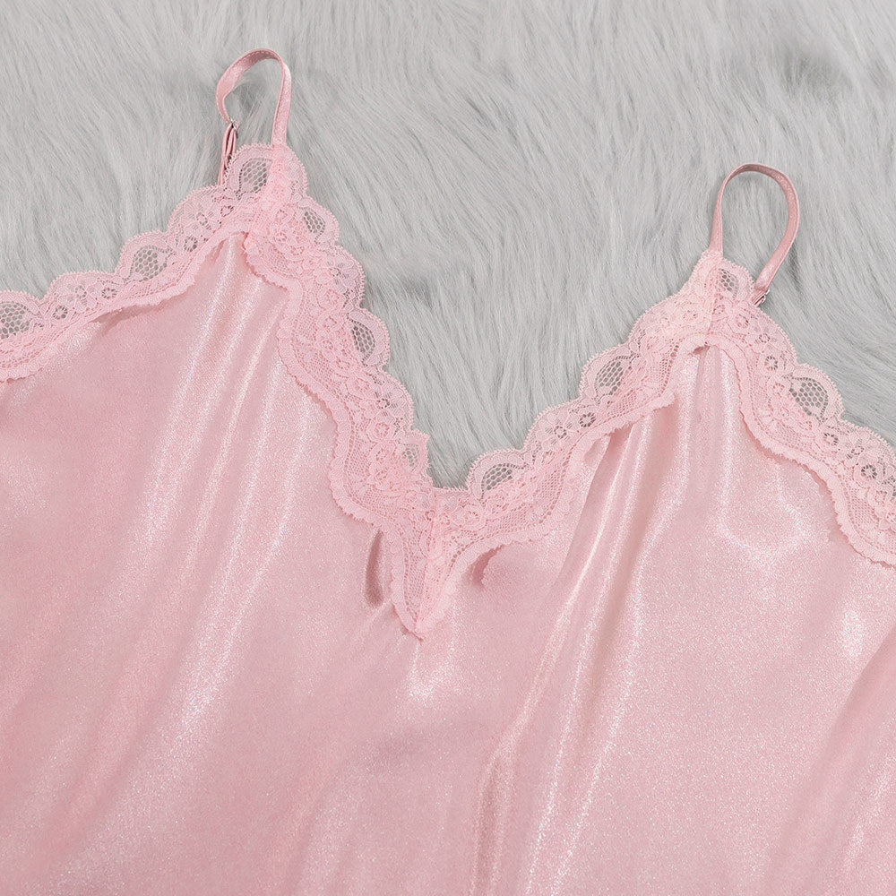 Silk Tempt | Lace Suspender Four-Piece Pajama Set Pink