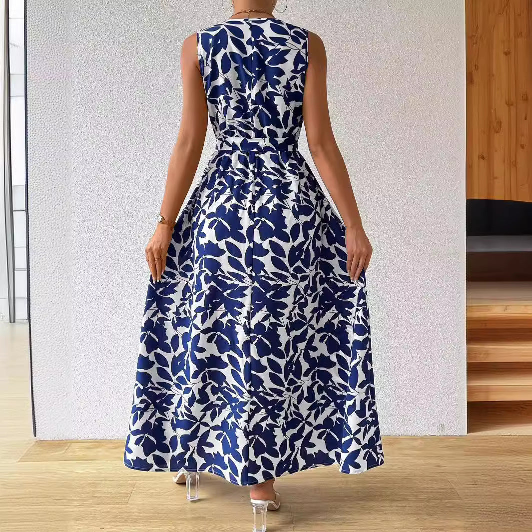 French holiday style printed V-neck lace-up super long dress