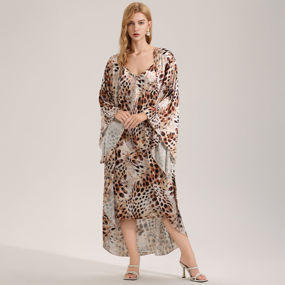 The Wild Party | Women's Printed Satin Suspender Chemise & Long Robe Two-Piece Set