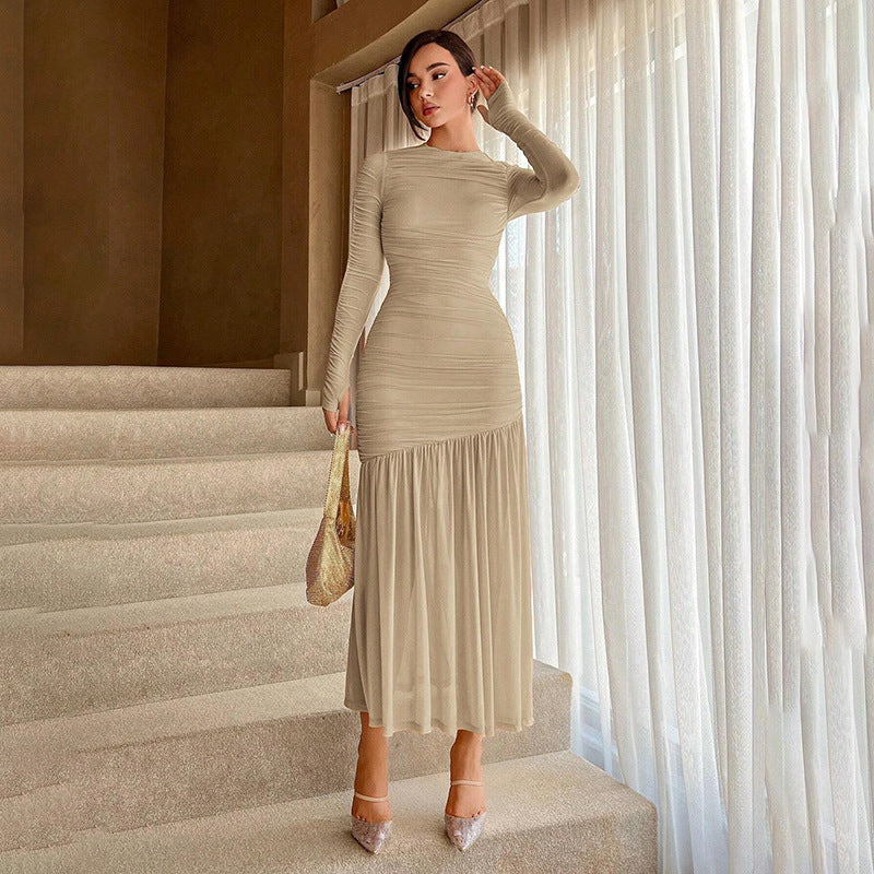 Pleated Mesh Long Sleeve Maxi Dress
